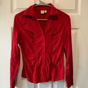 Red Button-Up Women's Top stretch long sleeve shirred size small tomato girl